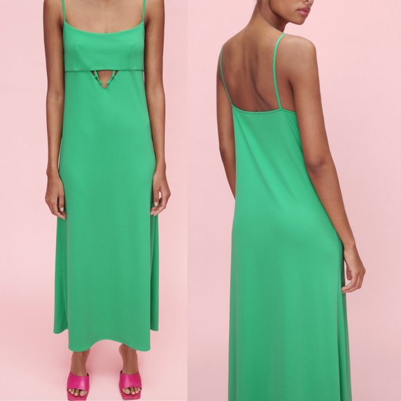 NEW Zara Stretch Knit Cutout Detail Long Maxi Slip Dress Size L Emerald Green - Picture 2 of 11
